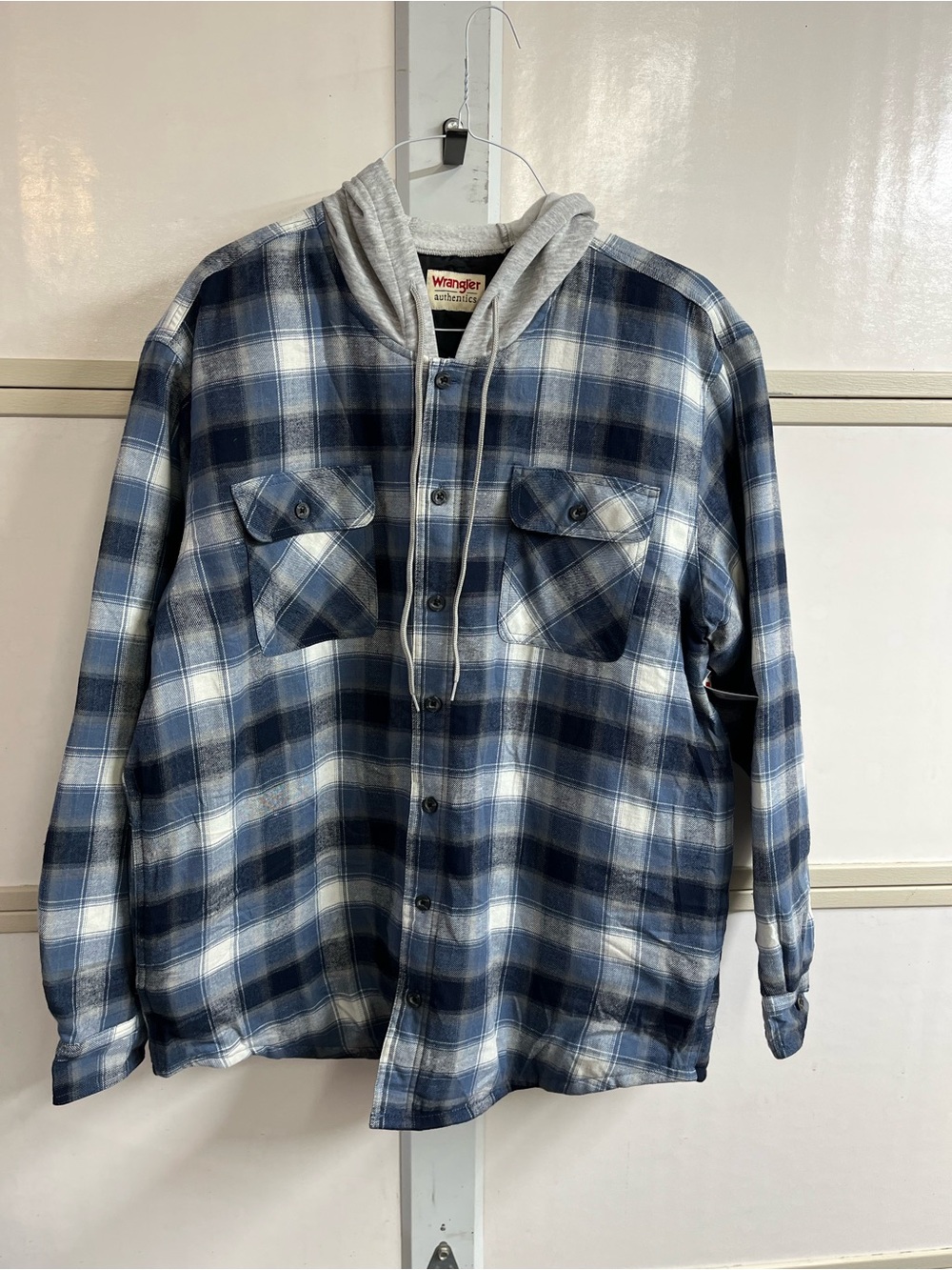 Wrangler Blue and Gray Plaid Hooded Shirt Jacket